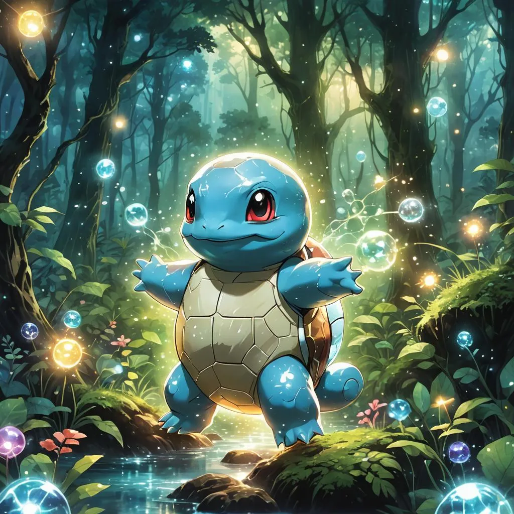 Cute blue turtle in magical forest with glowing bubbles